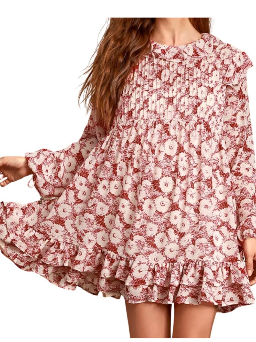 These Dreams Red Floral Print Pleated Long Sleeve Mini Dress
